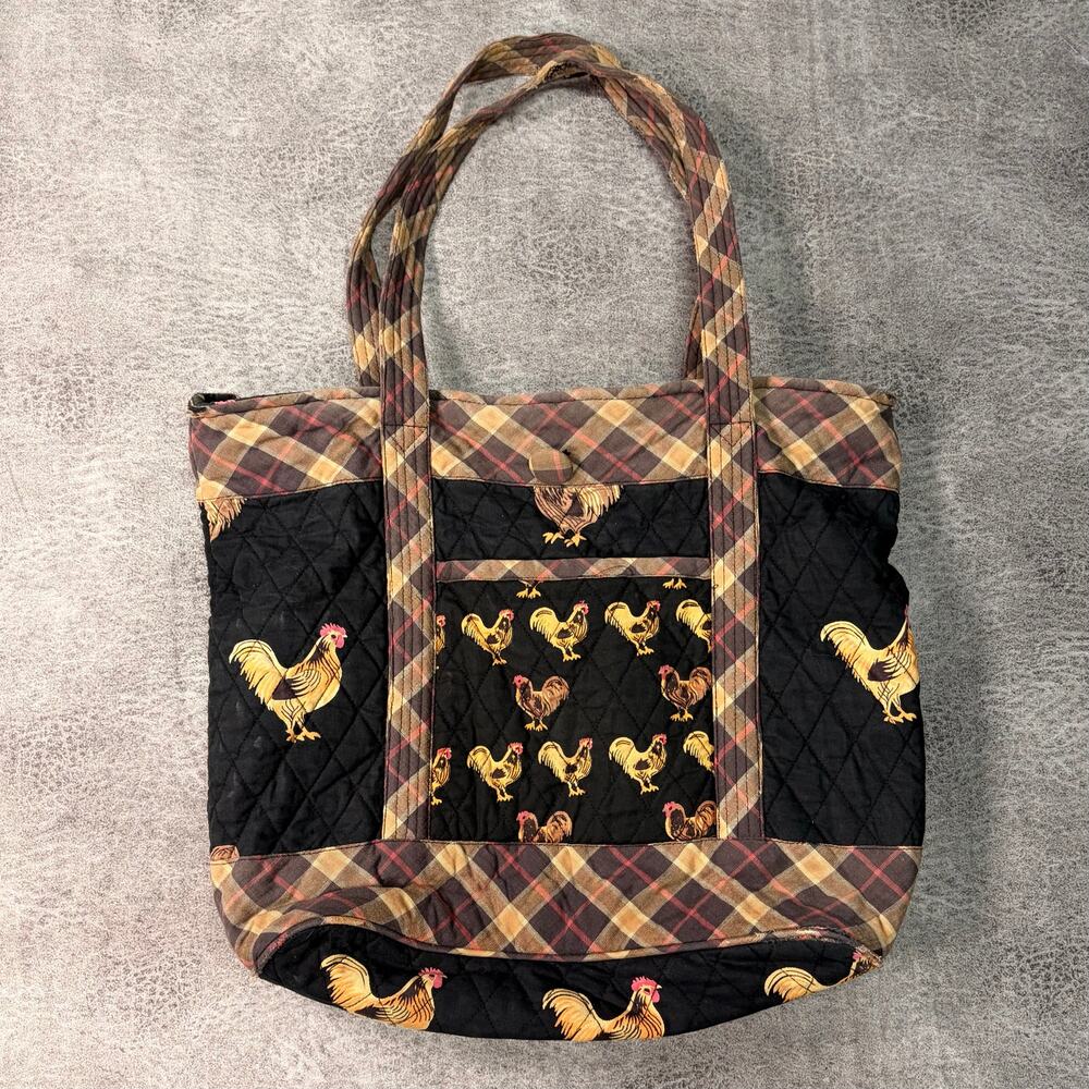 Quilted Rooster Plaid Tote Bag
